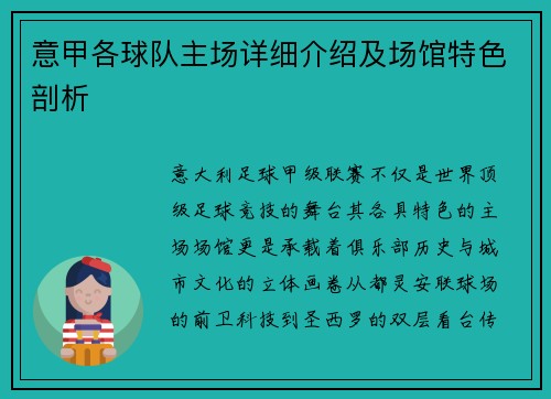 意甲各球队主场详细介绍及场馆特色剖析
