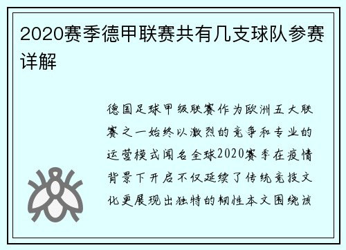 2020赛季德甲联赛共有几支球队参赛详解